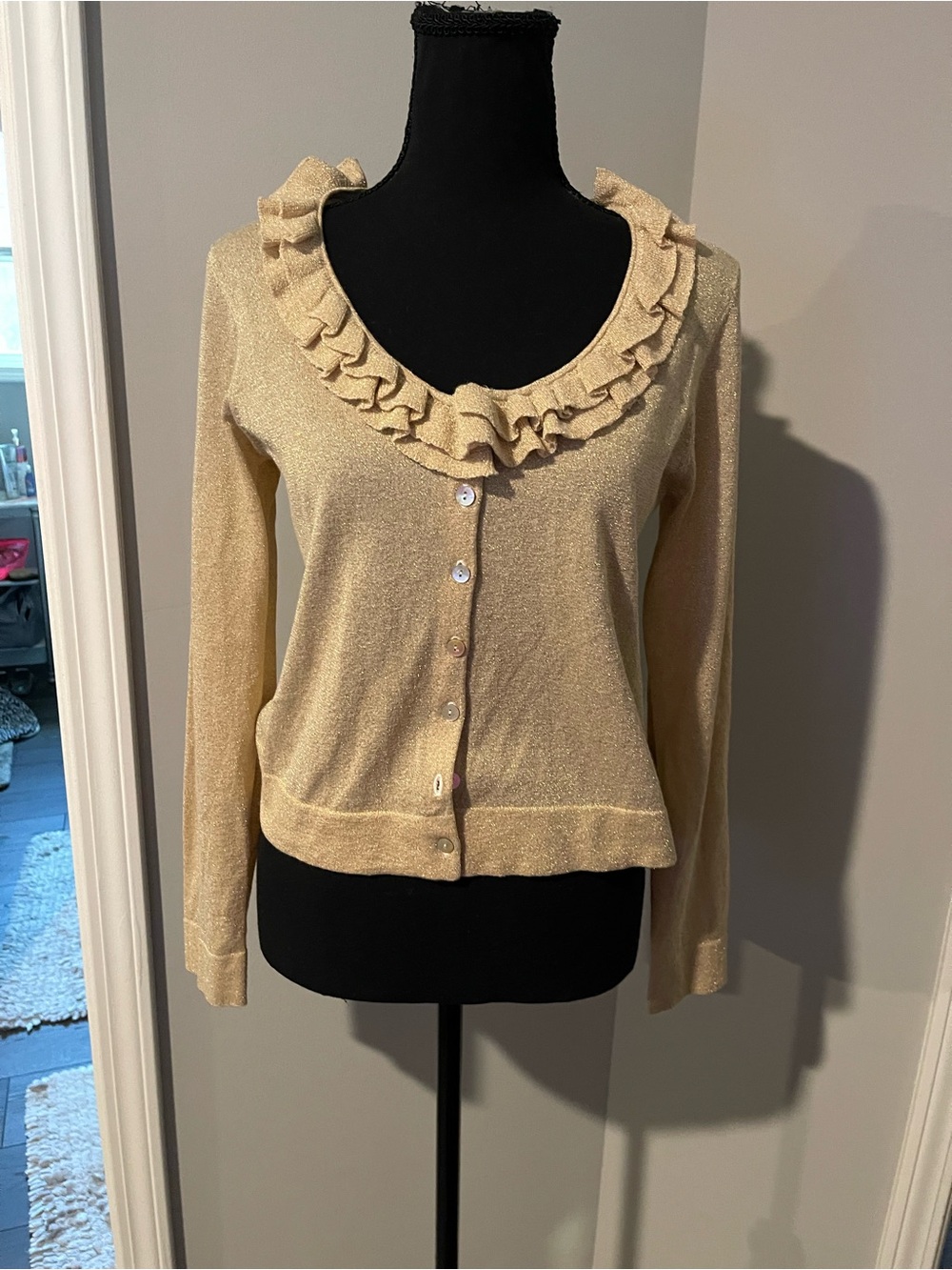 Ruffle-Trim Metallic Cardigan Sweater - Cream